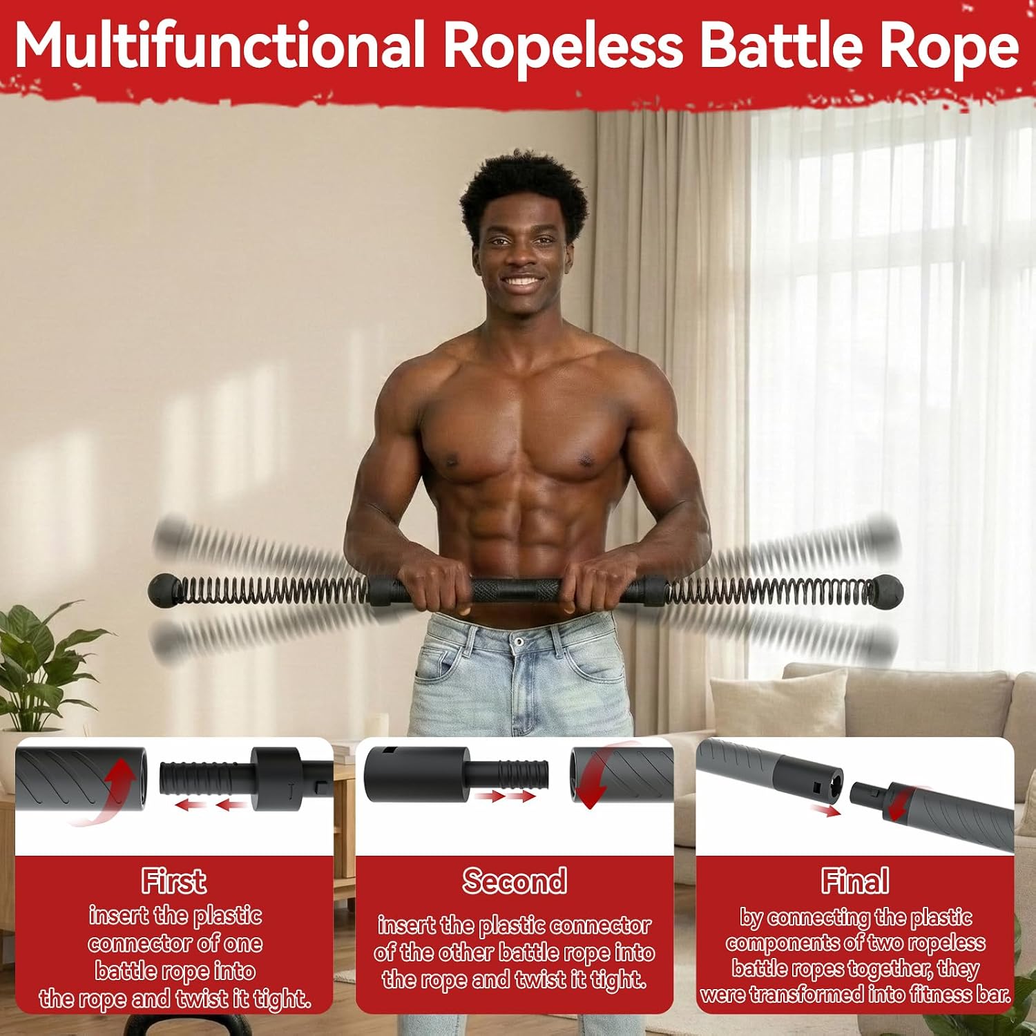 Home Gym Upper Body Workout - 2-in-1 Upgraded Cordless Battle Rope Power
